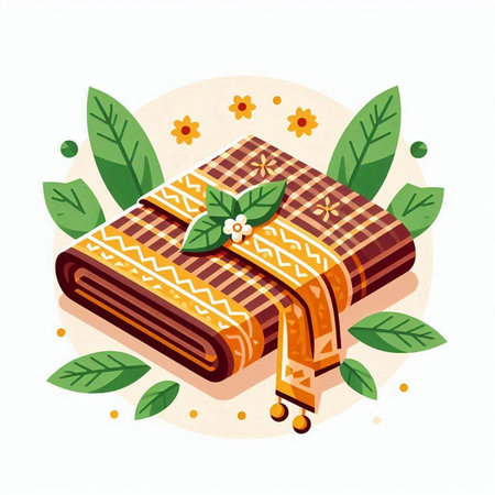 Vector illustration of a towel with leaves and flowers on a white backgroundのイラスト素材