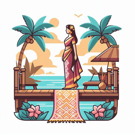 Woman in a long dress on the beach with palm trees. Vector illustrationのイラスト素材