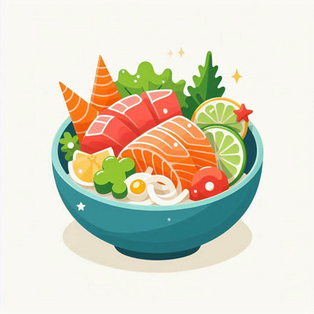Salmon salad in bowl. Vector illustration of japanese food.のイラスト素材