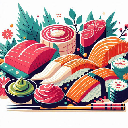 Sushi set. Colorful vector illustration in flat cartoon style.のイラスト素材