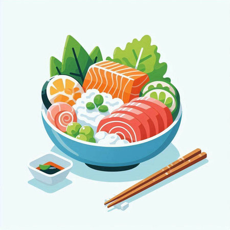 Japanese food vector illustration. Sashimi, salmon, rice, vegetables and sauce.のイラスト素材
