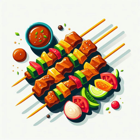 Shish kebab on skewers with vegetables. Vector illustrationのイラスト素材