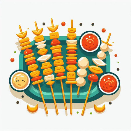 Skewers of meat and vegetables on skewers. Vector illustrationのイラスト素材