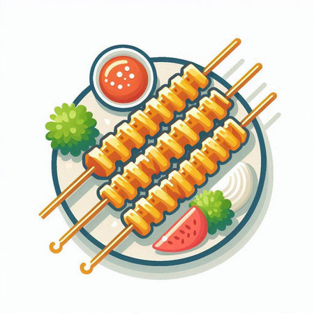 Skewers on a plate with sauce. Vector illustration.のイラスト素材