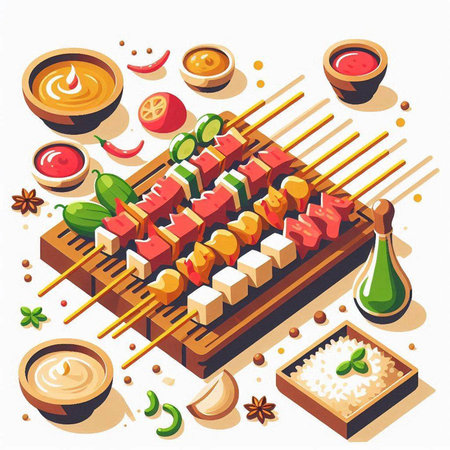 Japanese food isometric composition with shish kebab on skewers and sauces vector illustrationのイラスト素材