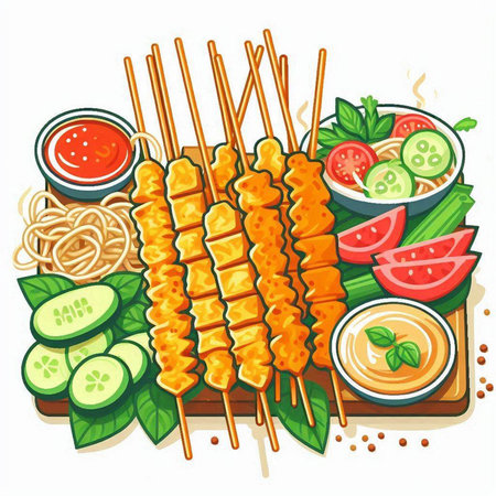 Skewers of pork with vegetables and sauce. Vector illustration.のイラスト素材