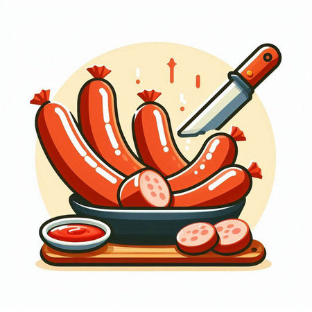 Sausages in a frying pan with a knife. Vector illustration.のイラスト素材