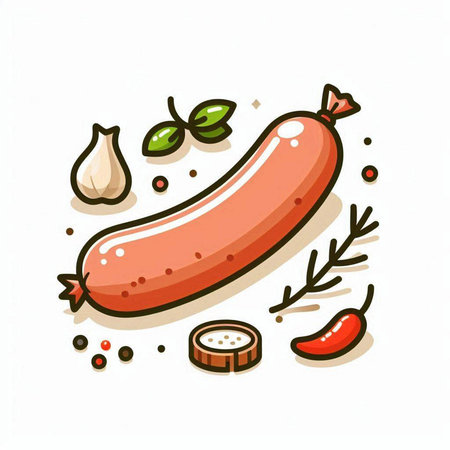 Sausage with spices and herbs. Hand drawn vector illustration.のイラスト素材