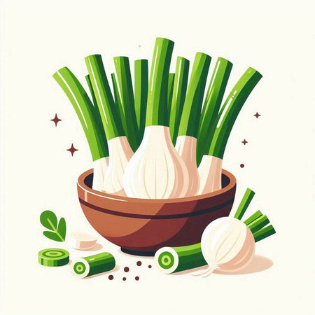 Illustration of fresh spring onion in a bowl. Vector illustration.のイラスト素材