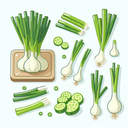 Fresh spring onions. Vector illustration isolated on a white background. Flat style.のイラスト素材