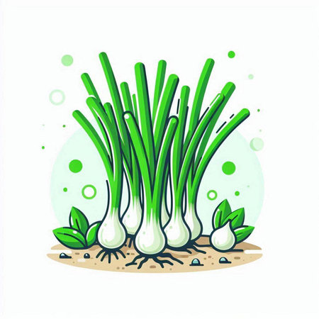 Vector illustration of fresh green onion sprouts growing in the soil.のイラスト素材