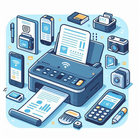 Vector illustration of a printer with mobile phone and digital devices on a blue backgroundのイラスト素材