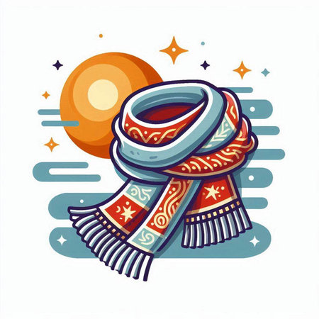 Vector illustration of winter scarf on white background with sun and stars.のイラスト素材