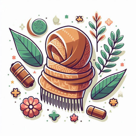 Vector hand drawn illustration of a scarf and hat on white background.のイラスト素材