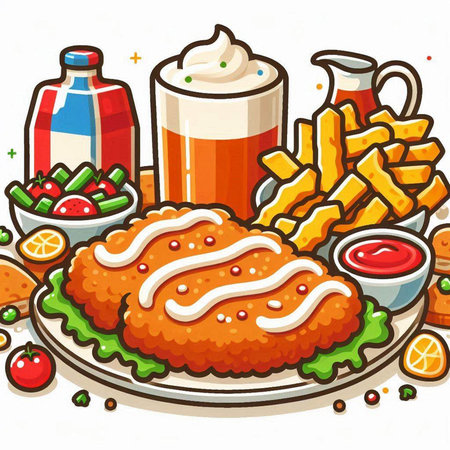 Illustration of Fried Chicken with French Fries and Beer on a White Backgroundのイラスト素材