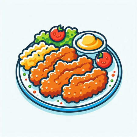 Illustration of a plate of chicken nuggets with sauce and saladのイラスト素材
