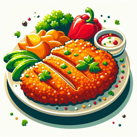 Illustration of a salmon on a plate with vegetables and sauce.のイラスト素材