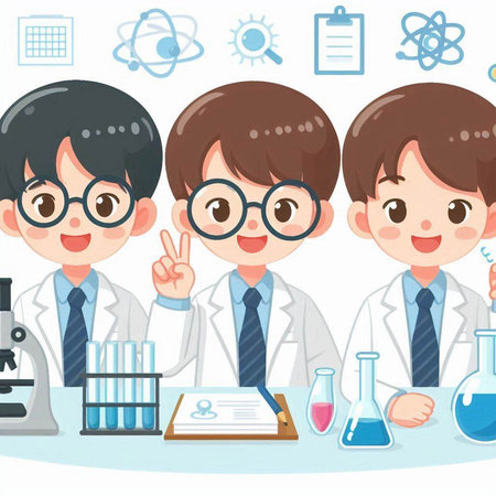 Scientist boy and girl in science laboratory. Vector cartoon illustration.のイラスト素材