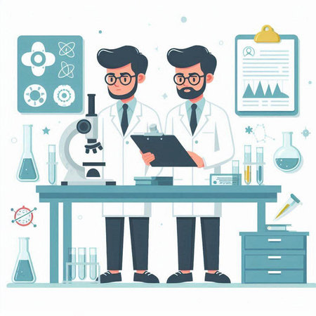 Scientist and laboratory assistant. Vector illustration in flat cartoon style.のイラスト素材