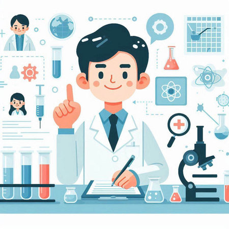 Scientist working in laboratory. Vector illustration in flat cartoon style.のイラスト素材