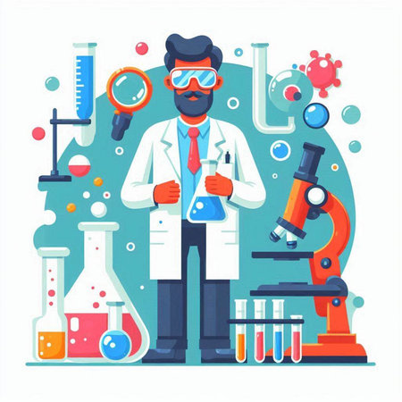 Scientist in laboratory flat vector illustration. Scientist in lab coat and glasses working with microscope, test tubes and flasks.のイラスト素材