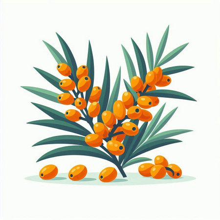 Sea buckthorn berries. Sea buckthorn branch. Vector illustration.のイラスト素材