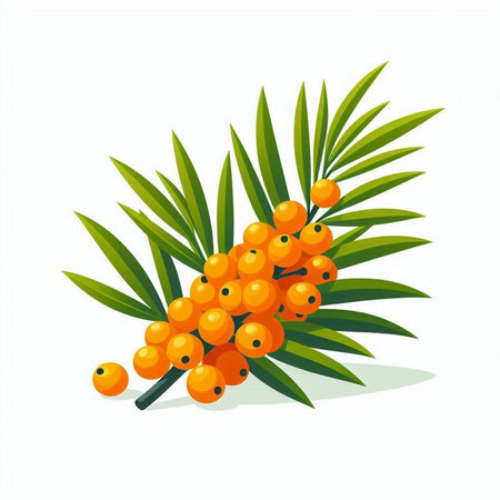Sea buckthorn berries with leaves isolated on white background. Vector illustration.のイラスト素材