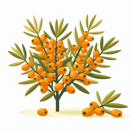 Branch of sea buckthorn berries with leaves. Vector illustration.のイラスト素材