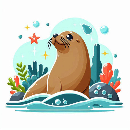 Cute sea lion on the seashore. Vector illustration.のイラスト素材