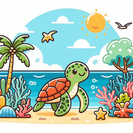 Cute turtle on the seashore. Vector cartoon illustration.のイラスト素材