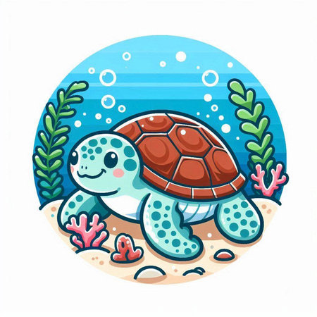 Cute cartoon turtle on the seashore. Vector illustration.のイラスト素材