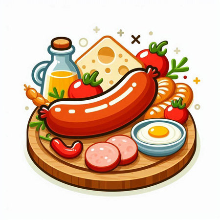 Sausage with vegetables and eggs on wooden board. Vector illustration.のイラスト素材