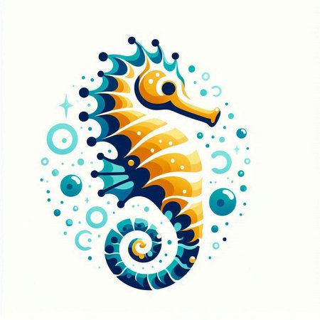Seahorse, hand drawn vector illustration in blue and yellow colorsのイラスト素材