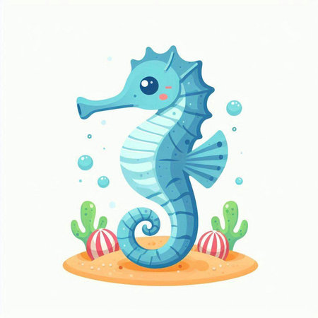 Cute cartoon seahorse on the beach. Vector illustration.のイラスト素材