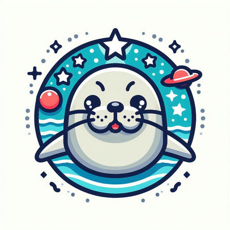 Cute seal with starry sky in the background. Vector illustration.のイラスト素材