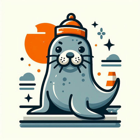 Cute seal in a hat and scarf. Vector illustration in flat style.のイラスト素材