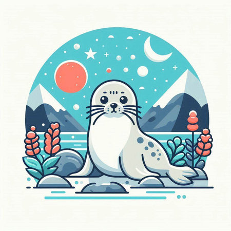 Cute seal on the background of the mountains. Vector illustration.のイラスト素材