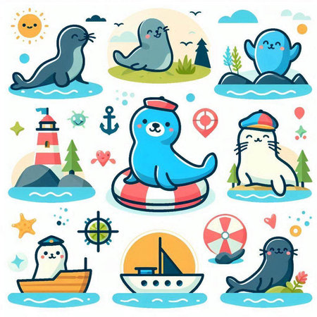 Cute cartoon sea animals. Vector illustration in a flat style.のイラスト素材