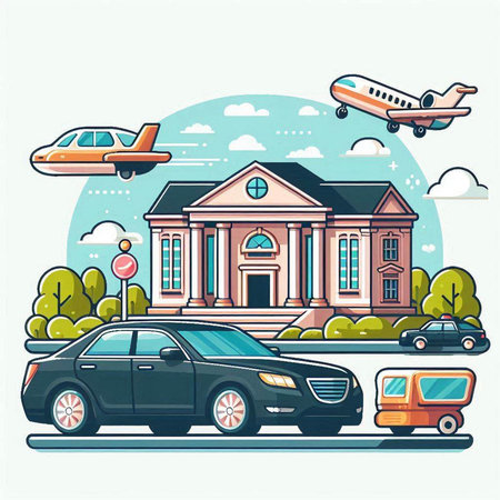 Cars and buildings on the background of the city. Vector illustrationのイラスト素材