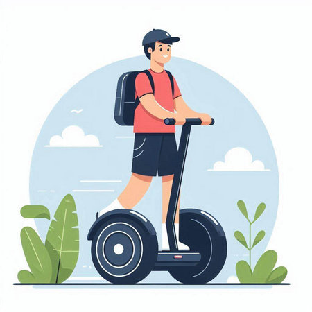 Young man riding electric kick scooter. Vector illustration in flat styleのイラスト素材