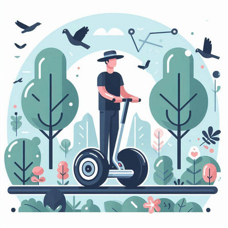 Young man riding electric scooter in the park. Vector illustration.のイラスト素材