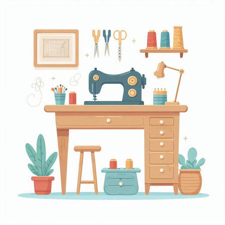 Sewing and tailoring tools on the table. Vector illustrationのイラスト素材