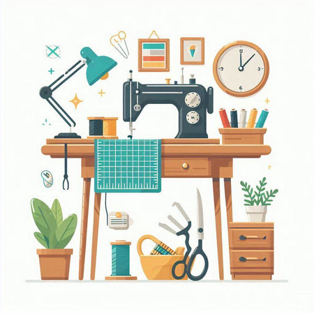 Sewing tools and accessories on the table. Vector illustration.のイラスト素材
