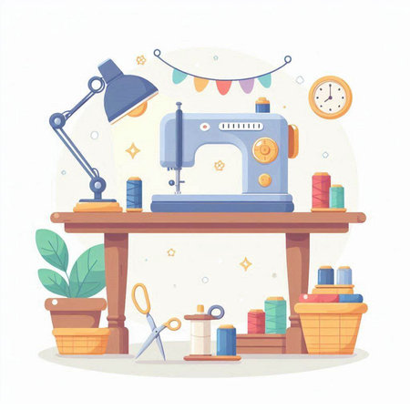 Sewing workshop. Sewing machine and tools. Flat style vector illustration.のイラスト素材