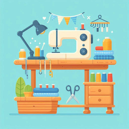 Sewing workshop. Sewing machine, tools and accessories. Vector illustrationのイラスト素材
