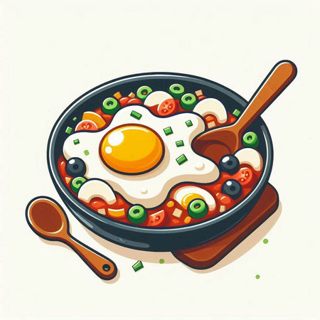 Fried eggs with vegetables in a frying pan. Vector illustration.のイラスト素材