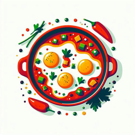 Fried eggs in frying pan with chili pepper and parsley. Vector illustration.のイラスト素材