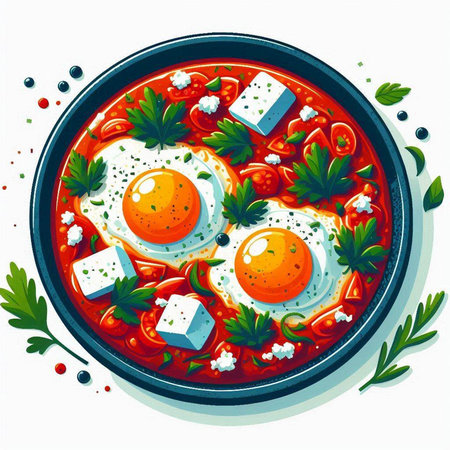 Eggs in tomato sauce. Illustration on white background.のイラスト素材