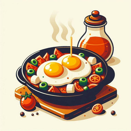 Fried eggs with vegetables in a frying pan. Vector illustration.のイラスト素材