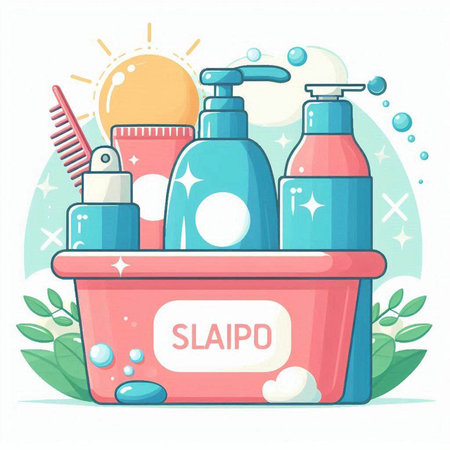 Vector illustration of shampoo, shower gel, soap, lotion, liquid soap. Flat style.のイラスト素材